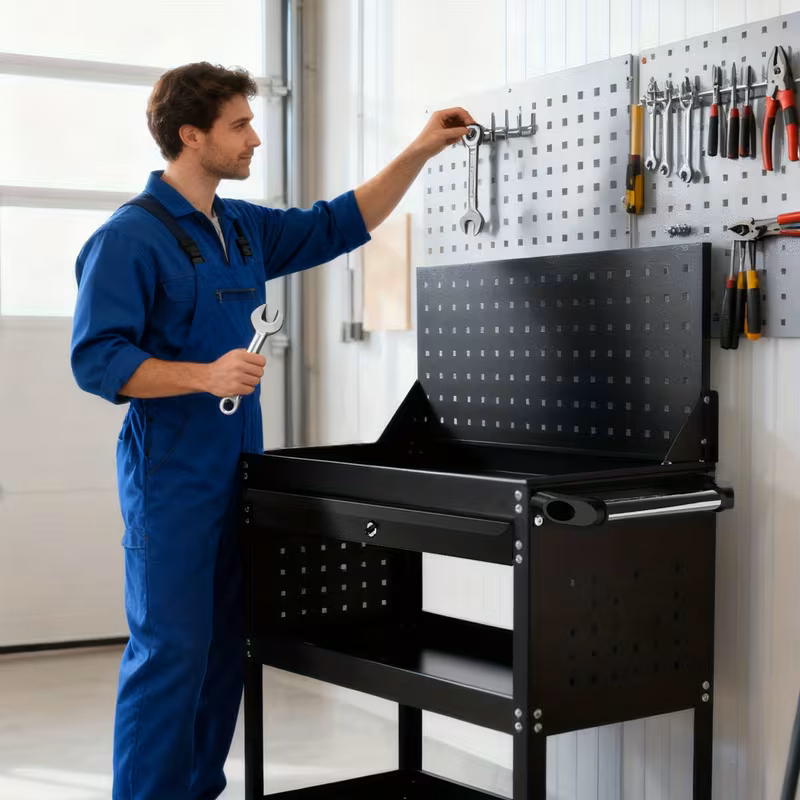 1-Drawer 3-Tier Tool Trolley with Pegboard Back | 200kg Steel Cart – BuddyTools
