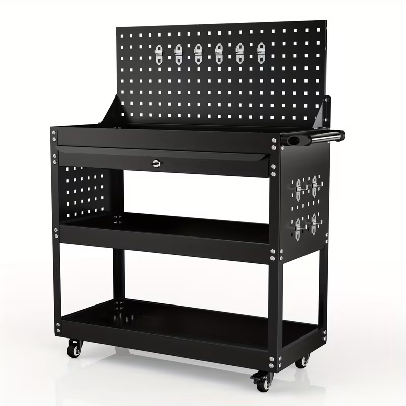 1-Drawer 3-Tier Tool Trolley with Pegboard Back | 200kg Steel Cart – BuddyTools