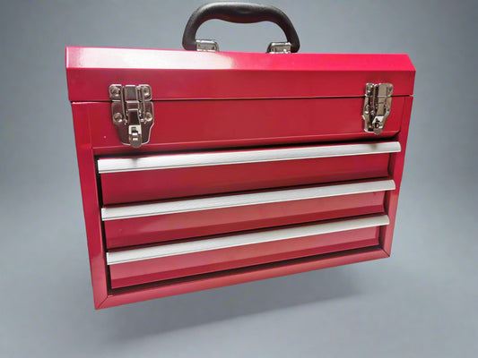 Metal Tool Box with 3 Drawers & Top Storage – Heavy-Duty Steel Small Tool Chest for Tools, Crafts, Home & Office Organization – Portable Desktop Tool Storage Box