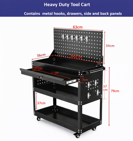 1-Drawer 3-Tier Tool Trolley with Pegboard Back | 200kg Steel Cart – BuddyTools